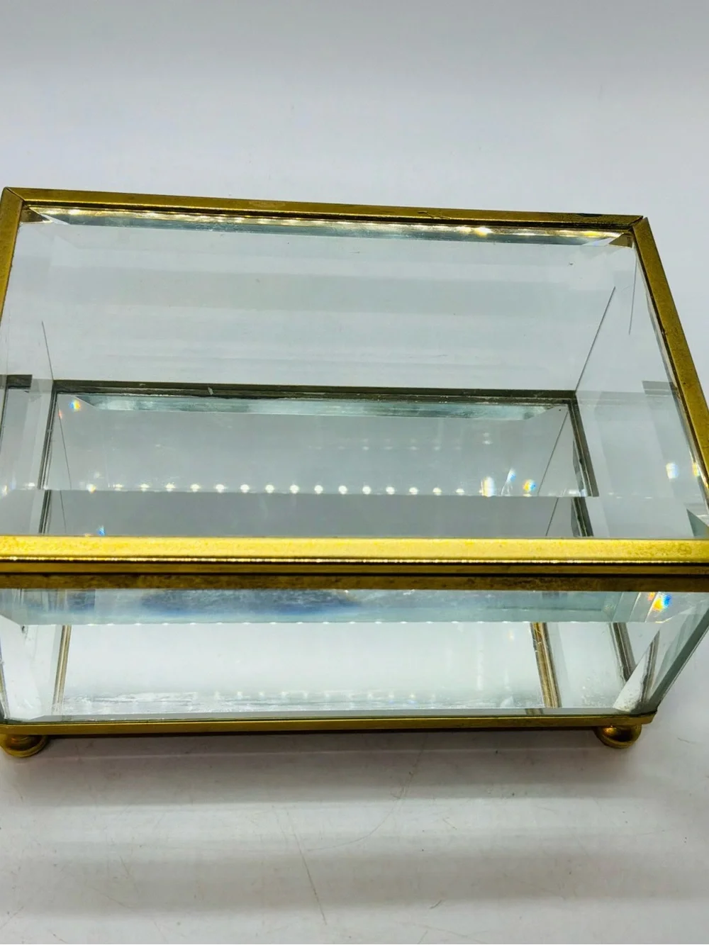 Vintage Hinged Jewelry Box Brass Beveled Glass Mirrored Trinket Jewelry Box